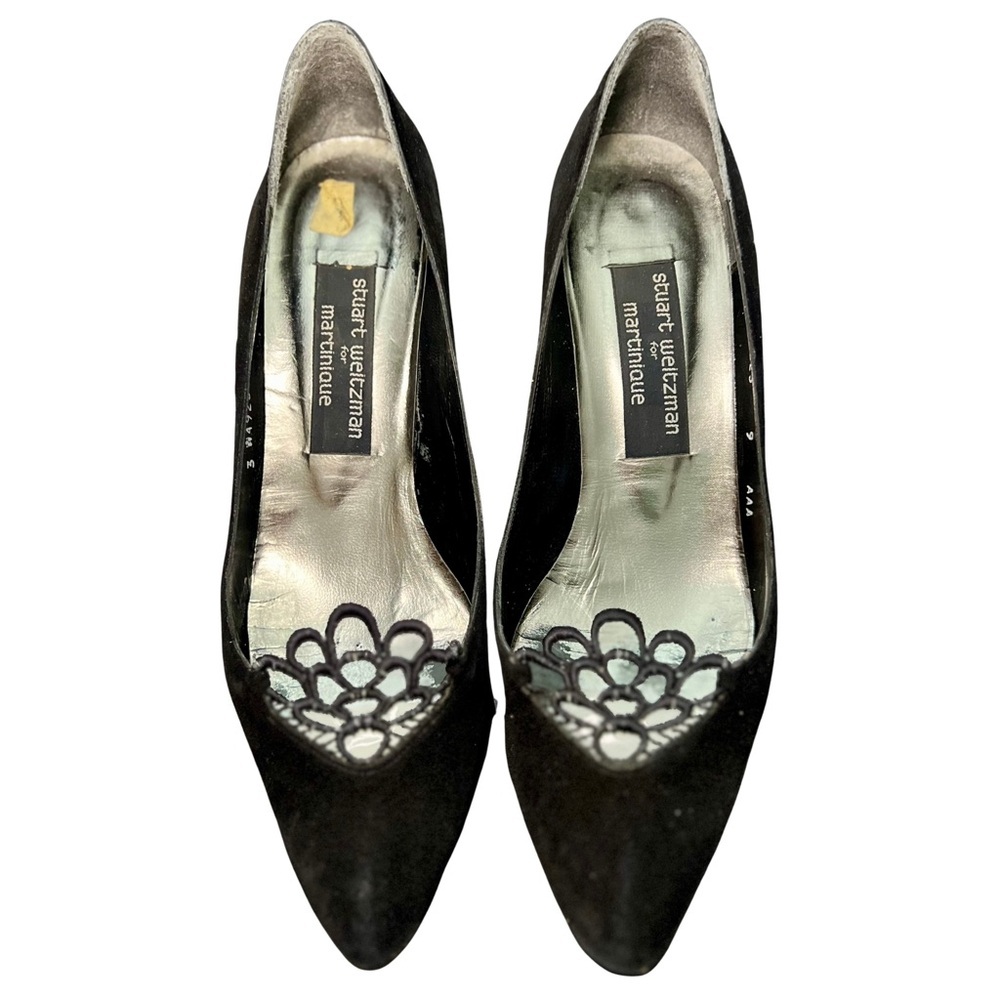 Stuart Weitzman Black Suede Pointed Toe Pumps with Floral Cutout